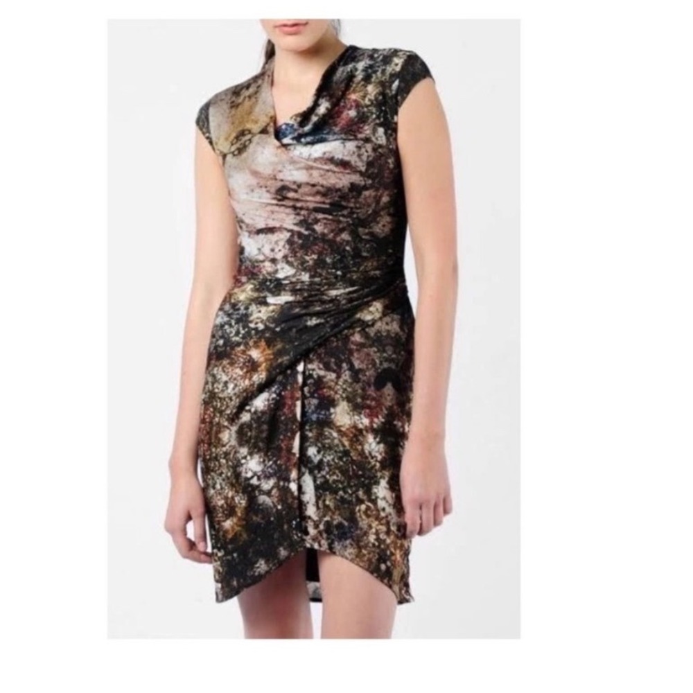 Helmut Lang Sheath Dress Women 8 Multicolor Abstract Drape Neck Asymmetric